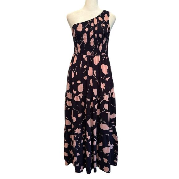 Anrabess Maxi Dress Size M Tiered Smocked Navy Blue and Lavender One Shoulder​ - Picture 1 of 8
